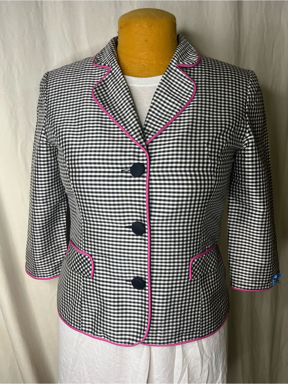 Women's Black & White Gingham Jacket with Pink Trim